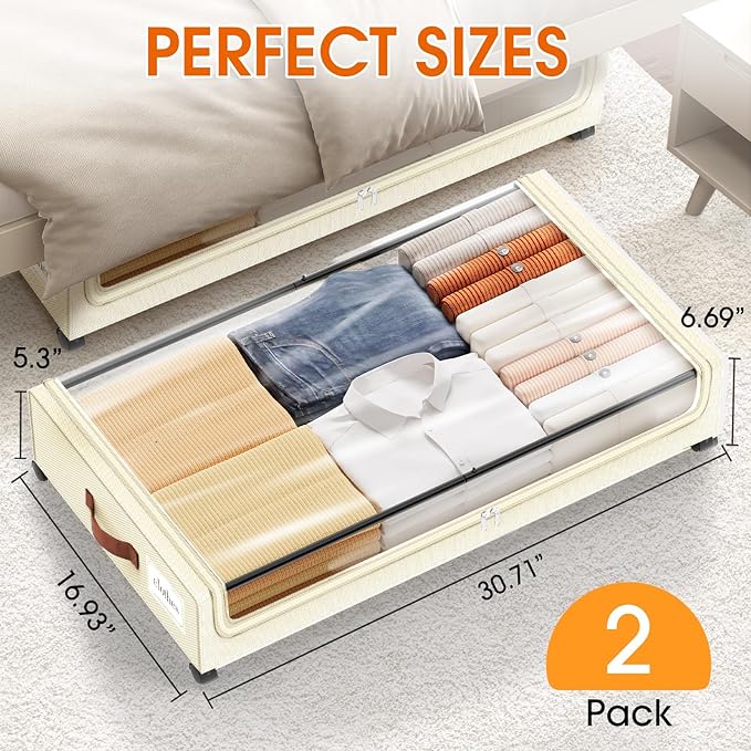SpaceHacks Under Bed Storage with Wheels 2Pack Underbed Storage with Clear Window&Label Under Bed Drawers Large Capacity Rolling Under Bed Storage for Clothes,Shoes, Blankets (Beige)