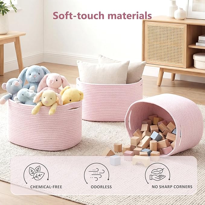 ECDYQXVU Cotton Rope Storage Basket, 15x10x9 Inches, Woven Basket for Shelves, Clothes, Towels, Books, and Laundry, Light Pink (2 Pack)