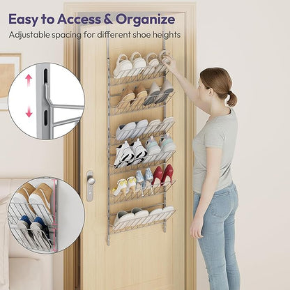 SWTYMIKI Over the Door Shoe Organizer - Adjustable 6 Tier Hanging Shoe Rack Organizer, Metal Heavy Duty Behind Door Storage or Wall Mount Shoes Shelf for Flats, Heels, Sneakers, Boots, Silver