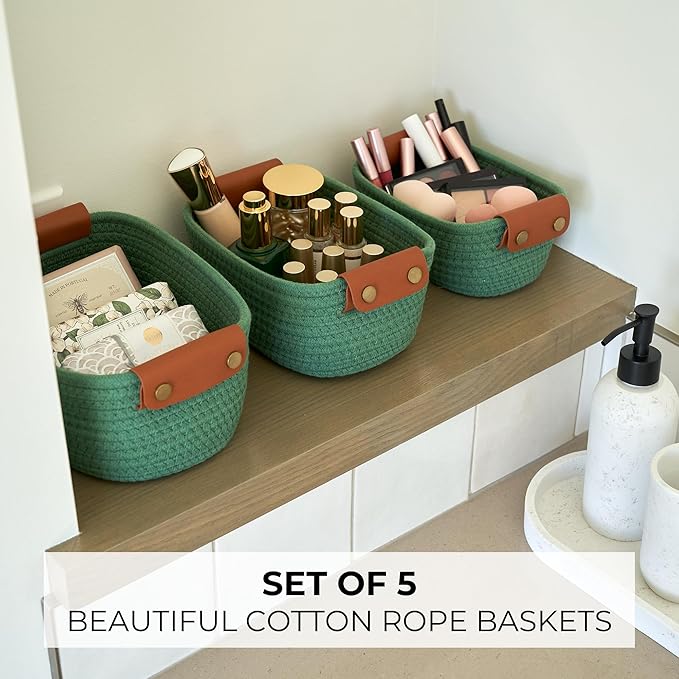 Beautiful Storage Basket Set of 5 - Sturdy Cotton Rope Baskets for Shelves Are Perfect for Organizing Your Home - Quality Storage Bins Easily Fit With Any Nursery or Bedroom Decor