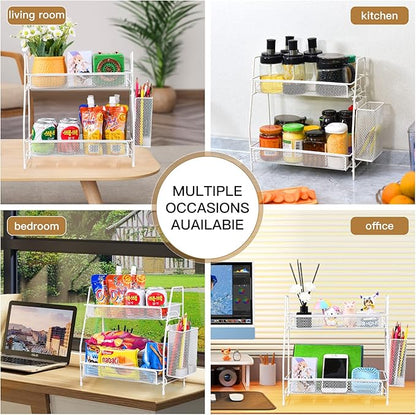 2024 upgraded Bathroom Organizer with Basket, 2-Tier Bathroom Tray for Countertop Storage Shelf, Vanity Organizer and Storage Kitchen Counter Organizers Spice Rack(White)