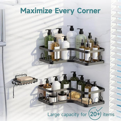 Veken Corner Adhesive Shower Caddy 3-Pack with Soap Holder&Hooks,No Drilling Shower Shelves,Rustproof & Waterproof Bathroom Organizers and Storage,Rack for Small Spaces, Kitchen&Rental-Friendly,Black
