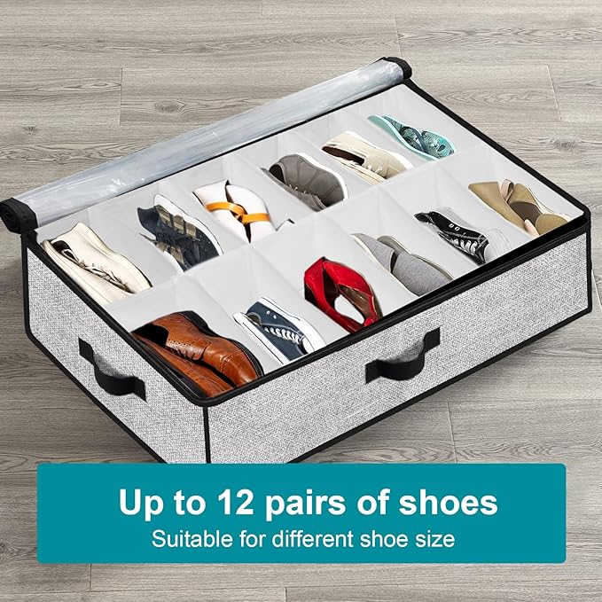 Under Bed Shoe Storage Organizer for Closet 2 Pack- Fits 24 Pairs Underbed Shoes Container Boxes Light Grey