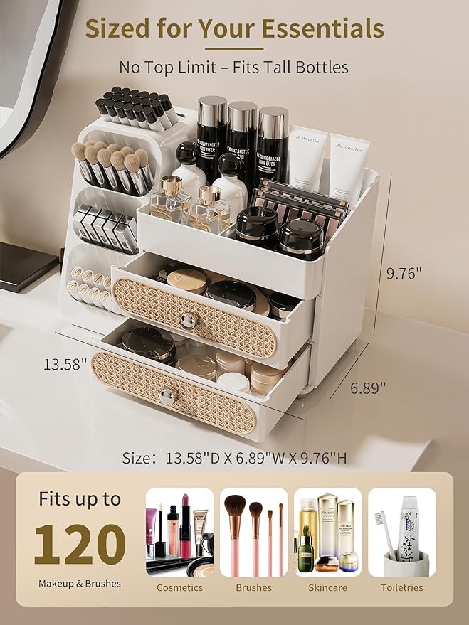 Booklov Makeup Organizer for Vanity, Large Capacity Cosmetic Display Case with Drawers, Countertop Beauty Storage Holder for Skincare, Brush Eyeliner Perfume Eyeshadow Lipsticks, Counter Desk, White