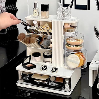 Makeup Organizer with 3 Rotating & Dustproof Drawers, Large Capacity Cosmetic Storage Box with Makeup Brush Holder, Make up Organizers for Vanity, Dresser, Bathroom (White)