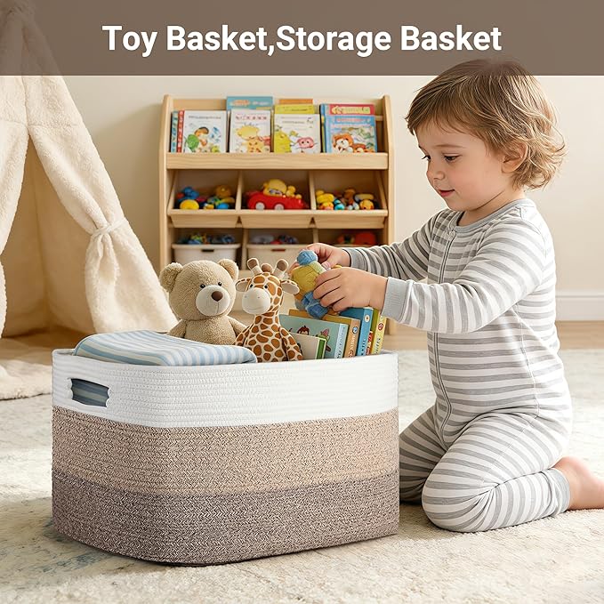 75L Large Woven Storage Basket, Cotton Rope Laundry Hamper with Handles, 22”x17”x12” Rectangle Blanket Basket for Toys, Clothes, Pillows, Nursery and Living Room, Gradient Brown/White
