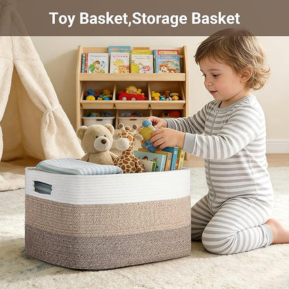 75L Large Woven Storage Basket, Cotton Rope Laundry Hamper with Handles, 22”x17”x12” Rectangle Blanket Basket for Toys, Clothes, Pillows, Nursery and Living Room, Gradient Brown/White
