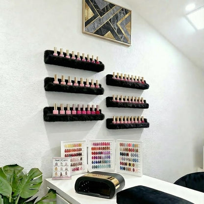 YMVV Wall-Mounted Nail Polish Organizer Rack - 15-Inch Plush Nail Polish Shelf, Makeup & Beauty Essentials Storage - Multi-Purpose Display Holder for Small Space, Vanity Bathroom, 6 Pack Black