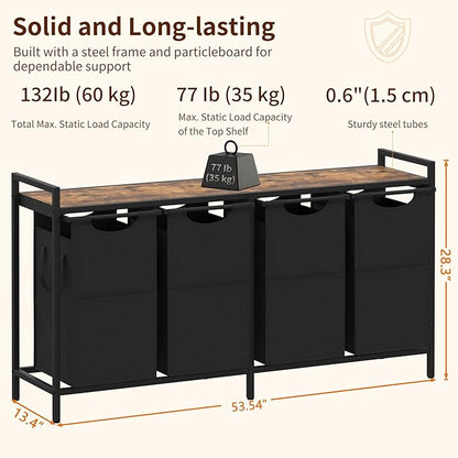 Heybly Laundry Hampers, 4 × 15Gal (228 L) Laundry Basket with Large Desktop Sorter for Laundry Room organization, Bathroom and Dorm Laundry Bags on Storage Shelf, Rustic Brown HLH004SR