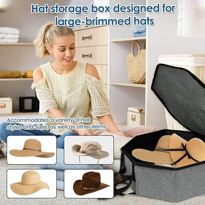 Hat Box, Large Capacity Hat Storage Box with Zipper Lid and Handles, Portable Hat Travel Case, Oxford Cloth Foldable Hat Organizer for Cowboy Hats, Baseball Hats, Fishermen Hats