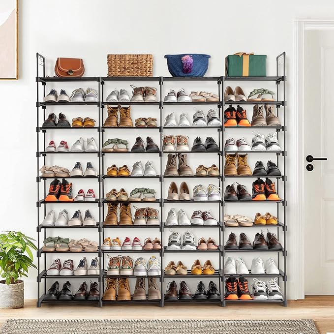 10 Tier Free Standing Shoe Rack, 80 Pairs Tall Vertical Shoe Shelf, Stackable Metal & Waterproof PP, Adjustable Height with Hooks for Closet, Entryway, Dorm
