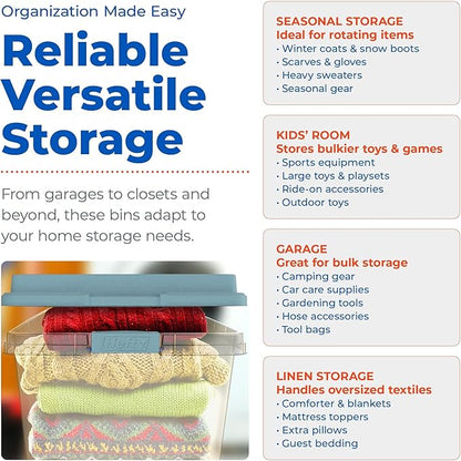 Hefty HI-RISE Stackable Storage Bins - Under Bed Storage Containers with Lids, Shoe Organizer, Plastic Storage Bins, Clear Shoe Boxes with XL Lid-Locking Latches, Durable Double Rim - 72qt (6 Pack)