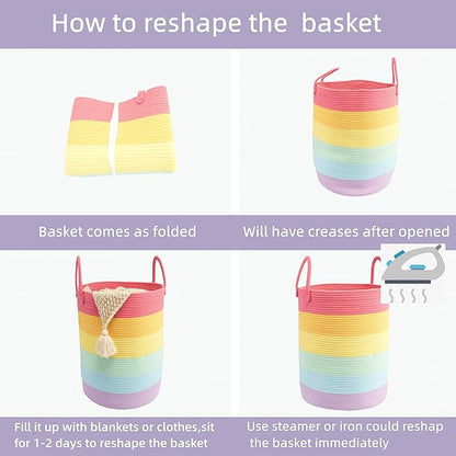 Woven Cotton Rope Laundry basket-16”X22” Laundry Hamper-Rope Storage Basket for Dirty Clothes, Toys and Blankets Perfect for Bathroom, Baby nursery and Living Room Storage (rainbow, Large)