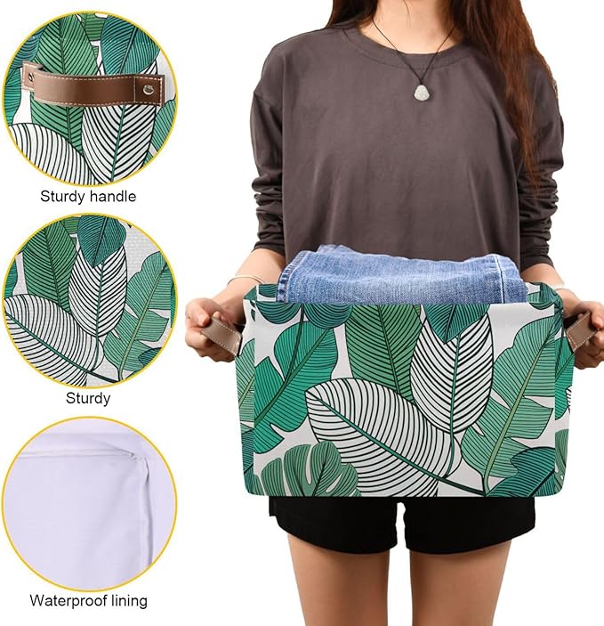 Tropical Leaves Bin - Large Storage Basket for Home Office (15x11x9.5inch)