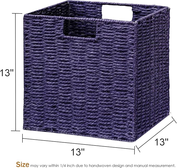 Vagusicc Wicker Storage Basket, Set of 2 Hand-Woven Paper Rope Wicker Basket, Foldable Cube Storage Bins, Square Large Storage Baskets for Organizing Shelves, Decor, Orange (13″×13″×13″)