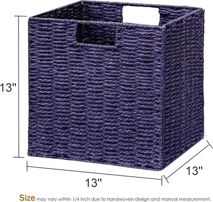 Vagusicc Wicker Storage Basket, Set of 2 Hand-Woven Paper Rope Wicker Basket, Foldable Cube Storage Bins, Square Large Storage Baskets for Organizing Shelves, Decor, Orange (13″×13″×13″)
