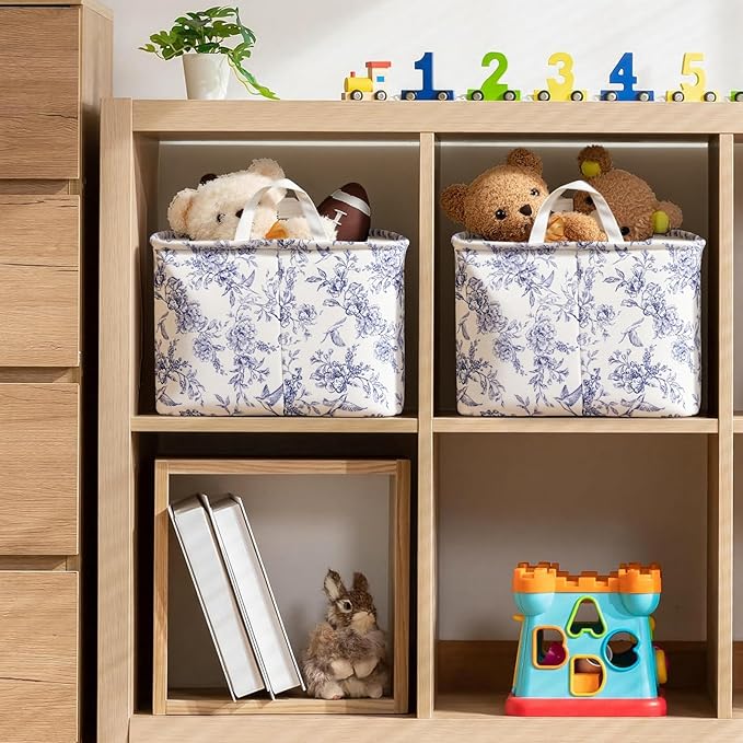 Blue Floral Storage Basket, Kids Large Flowers Storage Bins Box with Handles, Girls Shelf Basket Ideal for Room Nursery Decor, Books, Organizing Clothes, Toys (Blue floral)