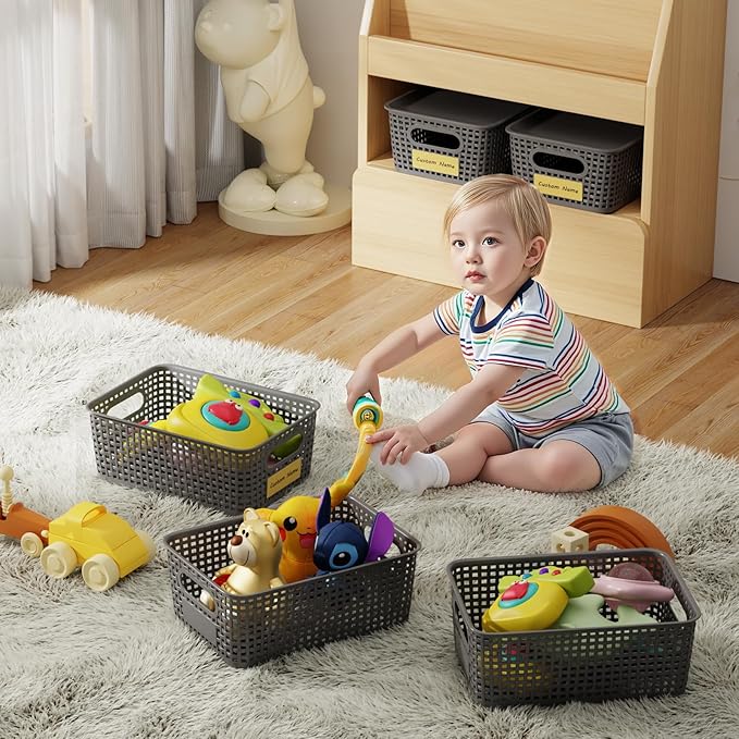 8 Pcs Plastic Storage Baskets with Plastic Lids and Labels 5.29qt Stackable Box Basket Pantry Decorative Containers, Small Storage Bins for Desktop Organizing Shelves Drawers Cabinets 10*7.2*4.1"