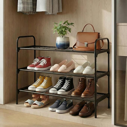 3-Tler Shoe Rack Organlzer, Rustproof lron, Spaclous Shoe Storage Shelf for Closet or Entryway, Fits Sneakers & Slippers, Black