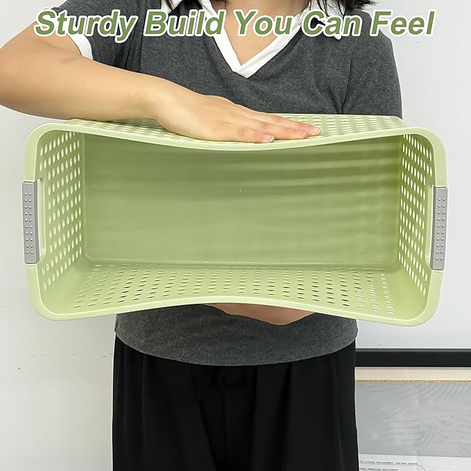 Soddeph Slim Plastic Storage Basket with Handles, Narrow Organizer box for Shelves, Organizer box for Organizing, Kitchen,Home,Office (Green, Large)