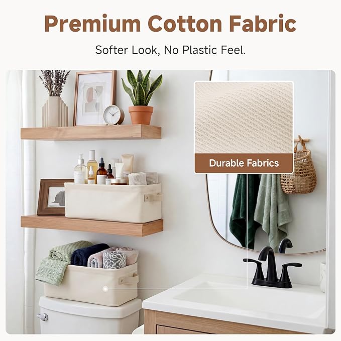 StorageWorks Narrow Storage Bins, Small Basket for Closet and Shelves, Fabric Closet Organizer Storage Bins with Handles, Toilet Paper Storage Baskets, Beige, Cool Cotton, 2-Pack