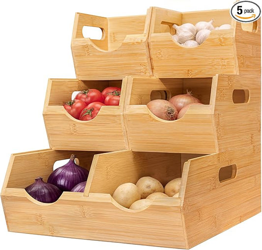 HOMESTEAD 3-Tier Bamboo Pantry Storage Bins – Stackable Potato & Onion Storage Bin with Handles, Fruit Basket & Produce Organizer for Kitchen Countertop, Pantry Organization, Set of 5
