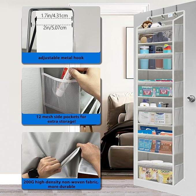 Over the Door Organizer Storage 6 Tier, 12 Large Capacity Side Pockets, Heavy Duty Metal Reinforced Hook Anti Tilt 75 LB Load Behind Door Storage for Bedroom Bathroom Pantry Nursery