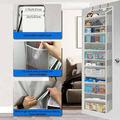 Over the Door Organizer Storage 6 Tier, 12 Large Capacity Side Pockets, Heavy Duty Metal Reinforced Hook Anti Tilt 75 LB Load Behind Door Storage for Bedroom Bathroom Pantry Nursery