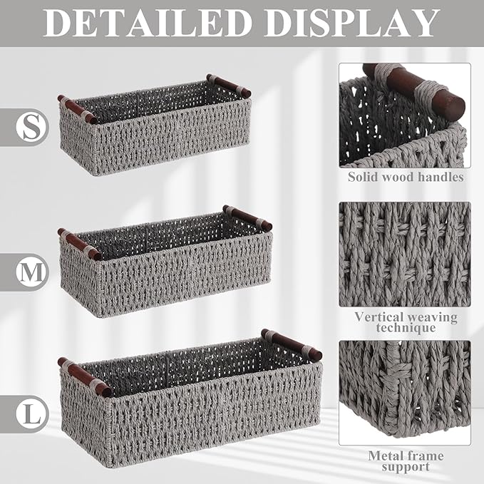 Boao 3 Pcs Boho Storage Wicker Baskets Handmade Woven Decorative Paper Rope Baskets for Organizing with Handle Countertop Toilet Paper Storage Container for Toilet Tank Top(Grey,Rectangle)