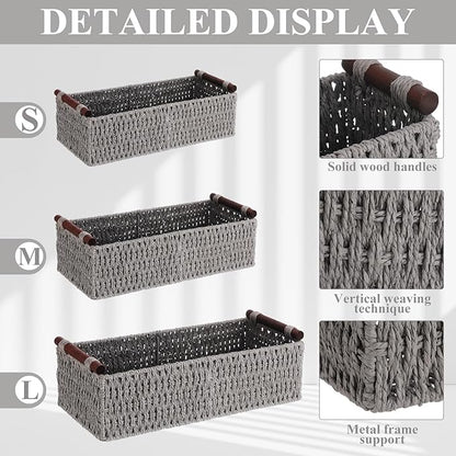 Boao 3 Pcs Boho Storage Wicker Baskets Handmade Woven Decorative Paper Rope Baskets for Organizing with Handle Countertop Toilet Paper Storage Container for Toilet Tank Top(Grey,Rectangle)
