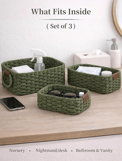 Storage Basket, Recycled Paper Rope Bathroom Basket Organizer, 3Pcs Small Baskets for Organizing, Mini wicker Basket for Decorative Storage Bins, Shelves, Bathroom, Cabinet - Green