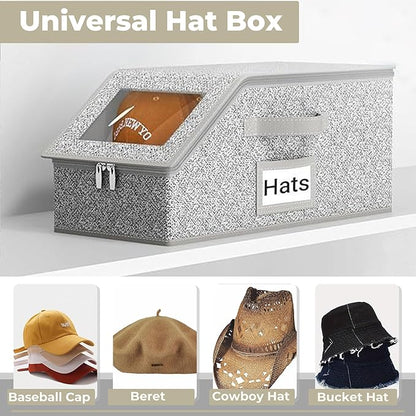 3 Pack Hat Organizer Box for Women & Men, Foldable Storage Box with Clear Lid for Baseball, Cowboy Caps, Stackable Clear Hat Organizer, Store up to 42 Caps, Grey
