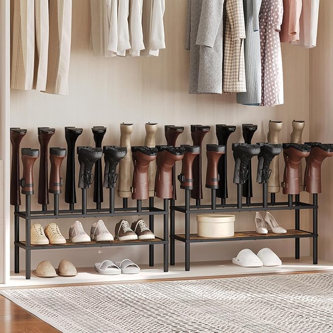 YATINEY Shoe and Boot Rack Organizer, Tall Boots Rack for Closet, Cowboy Shoes Storage, 3 Tier Shoe Racks Organizer Holds 10 Pairs, Black and Rustic Brown SS09BRY1