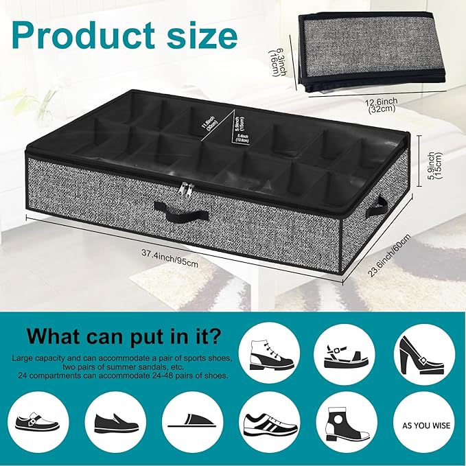 Under Bed Shoe Storage Organizer for Closet 2 Pack- Fits 28 Pairs Underbed Shoes Container Boxes with 2 Sturdy Handles and Clear Window Black