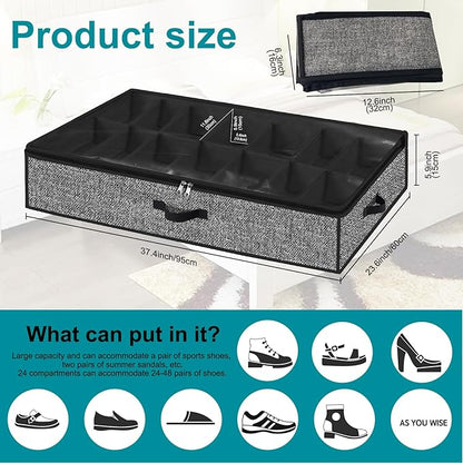 Under Bed Shoe Storage Organizer for Closet 2 Pack- Fits 28 Pairs Underbed Shoes Container Boxes with 2 Sturdy Handles and Clear Window Black