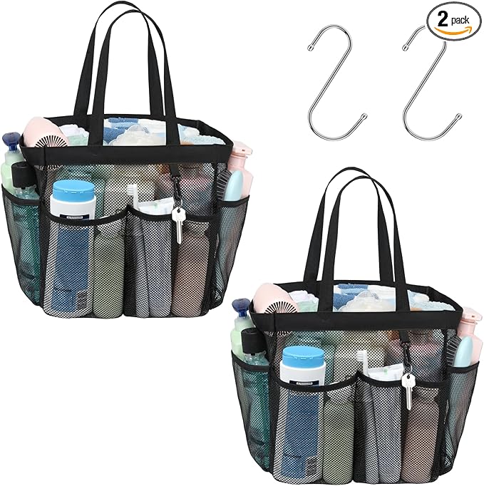 F-color Mesh Shower Caddy Portable, X Large 7 Deeper Pockets Shower Bag Basket Tote for College Dorm Room Bathroom Essentials Gym Camp Quick Dry 2 handles with S Hook, 2 Pack Black