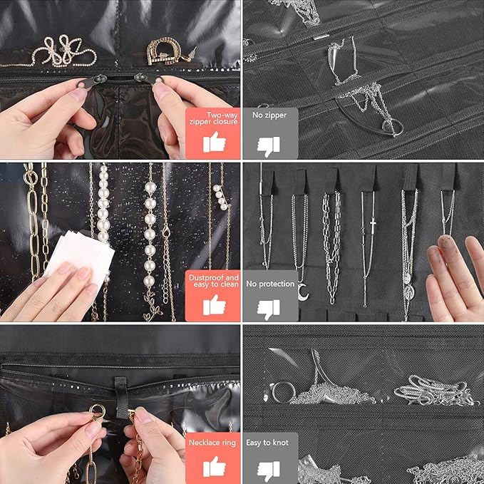 FOREGOER Hanging Jewelry Organizer Double Sided 43 Pockets Large Necklace Earring Accessory Holder Organizer(Black)