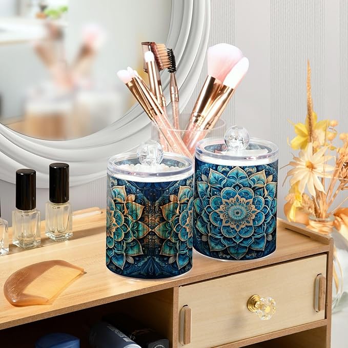 Mandala Pattern Blue Qtip Holder 4 Pack - 10 Oz Clear Plastic Apothecary Jar Set for Bathroom Organization - Versatile Canister Storage for Cotton Balls, Swabs, Rounds