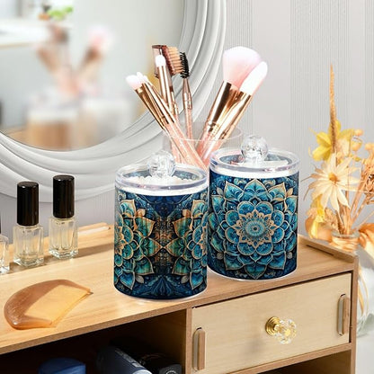 Mandala Pattern Blue Qtip Holder 4 Pack - 10 Oz Clear Plastic Apothecary Jar Set for Bathroom Organization - Versatile Canister Storage for Cotton Balls, Swabs, Rounds