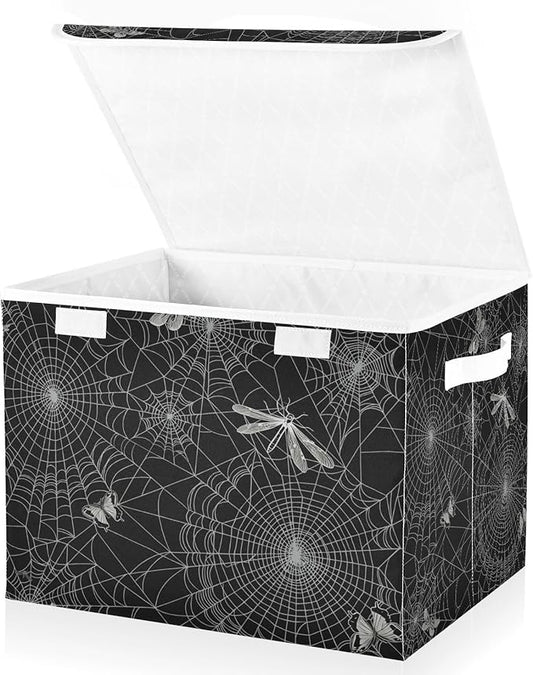 senya Halloween Baskets Collapsible Storage Bins with Lids, Spiderweb Butterfly Dragonfly Storage Boxes Clothes Baskets for Organizing