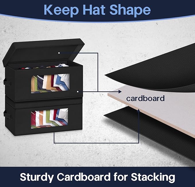 SLEEPING LAMB Stackable Hat Organzier for Baseball Caps, 4 PCS Hat Storage Boxes for Closet Hold 60 Caps with Cardboard, Black