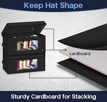 SLEEPING LAMB Stackable Hat Organzier for Baseball Caps, 4 PCS Hat Storage Boxes for Closet Hold 60 Caps with Cardboard, Black
