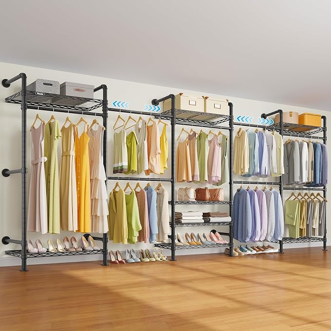 Timate F5 Expandable Wall Mounted Clothes Rack with 8 Adjustable Shelves & 4 Expandable Hanger Rods, Heavy Duty Industrial Pipe Clothing Rack for Hanging Clothes, Fits Spaces 10'3"- 12'3", Black