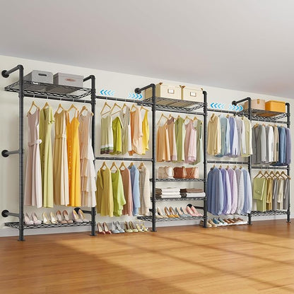 Timate F5 Expandable Wall Mounted Clothes Rack with 8 Adjustable Shelves & 4 Expandable Hanger Rods, Heavy Duty Industrial Pipe Clothing Rack for Hanging Clothes, Fits Spaces 10'3"- 12'3", Black