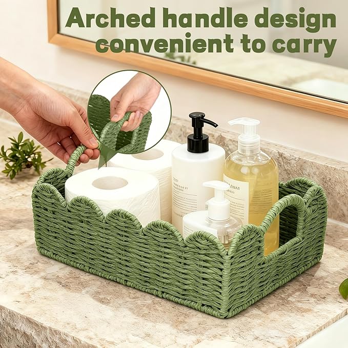 Hand Woven Paper Rope Scalloped Edge Decor Baskets for Home,Living Room, Bedroom,Storage over Above Behind Flush Tank,Toilet Basket,end Table,Shelves-Easily Fit with or Bedroom Decor,Set 3(Green)