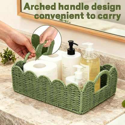 Hand Woven Paper Rope Scalloped Edge Decor Baskets for Home,Living Room, Bedroom,Storage over Above Behind Flush Tank,Toilet Basket,end Table,Shelves-Easily Fit with or Bedroom Decor,Set 3(Green)