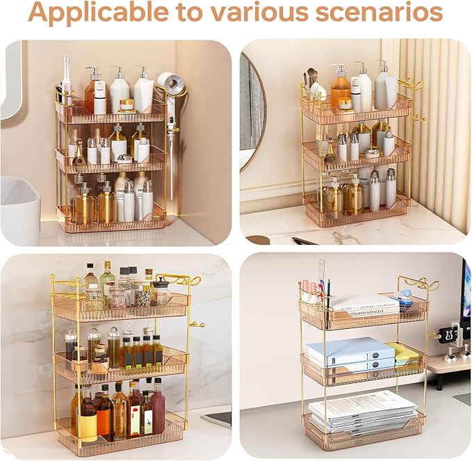 3-Tier Bathroom Countertop Organizer - Amber Acrylic Vanity Trays with Hair Dryer & Toothbrush Holder - Luxury Skincare, Perfume & Makeup Storage Rack for Countertop, Dresser & Cabinet