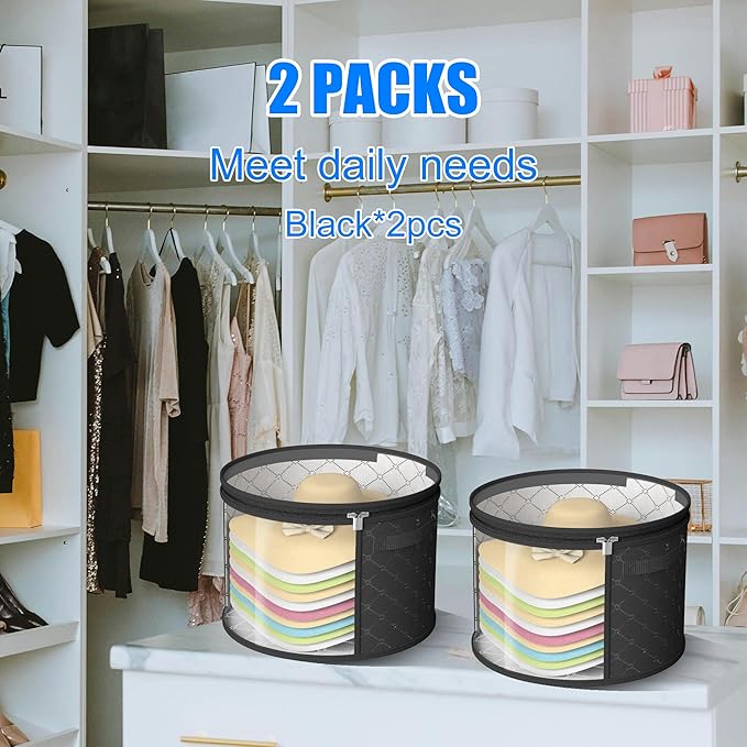 Veki 2pack Clear Hat Organizer for Closet, Hat Boxes for Women Storage With Dustproof Lids, Hat Box for Travel and Storage, Cowboy Hat, Stackable Round Brim Hats Organizer Bag Container (Black)