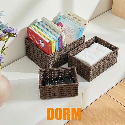 Small Wicker Basket for Organizing, Woven Storage Basket Set of 3 - Handwoven Natural Paper Rope Baskets to Declutter Any Room, Perfect for Organizing and Home Decor (Coffee)