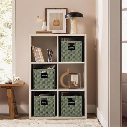 UBBCARE 2 Pack Wicker Basket, 10.5×10.5 Storage Cubes with Label, Foldable Cube Storage Bin with Handle, Square Storage Basket for Shelves, Woven Paper Rope Basket for Organizing, Green